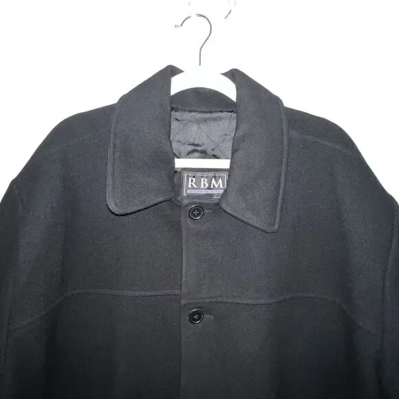 RBM OUTDOOR COLLECTION MEN BLACK‎ 100% WOOL BUTTON FRONT PEACOAT SIZE XL VINTAGE